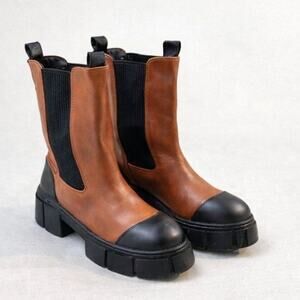 Free People Maren Mid Chelsea Boots Brown Black Leather Lug Sole Size 40 (9 US)